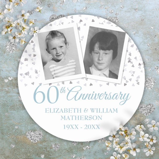 Sticker Rond Diamond 60e anniversaire de Mariage Photos d'enfan (Diamond 60th Wedding Anniversary Childhood Photos Classic Round Sticker)