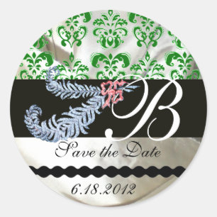 STICKER ROND DIAMOND FEATHERS WHTE GREEN SILK DAMASK MONOGRAM