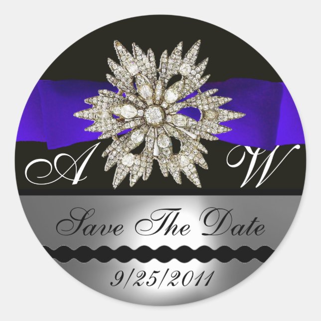 STICKER ROND DIAMOND STARS BLACK WHITE BLUE RIBBON MONOGRAM (Devant)