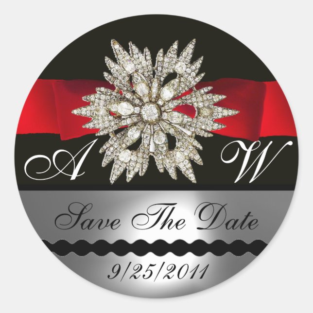 STICKER ROND DIAMOND STARS BLACK WHITE RED RIBBON MONOGRAM (Devant)
