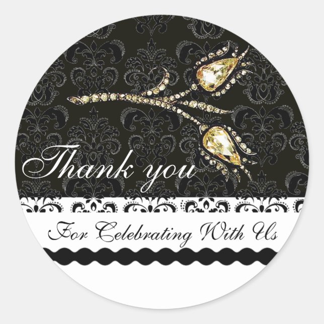 Sticker Rond DIAMOND TULIPS BLACK WHITE DAMASK, Merci Favoriser (Devant)