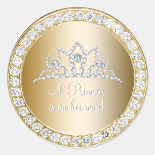 Sticker Rond Diamonds Gold Princess Tiara Baby shower Favoriser