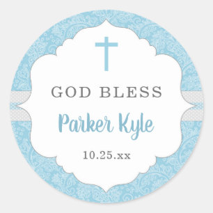 Sticker Rond Dieu Bénie baptême faveur   bleu damassé bébé garç