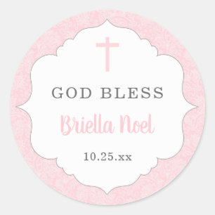 Sticker Rond Dieu Bénie baptême faveur jeune fille rose damée