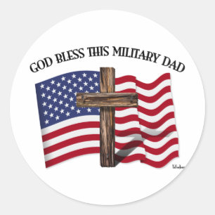 Sticker Rond DIEU BÉNISSE CE PÈRE MILITAIRE robuste croix & dra