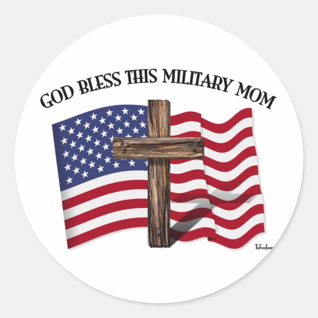 Sticker Rond DIEU BÉNISSE CETTE MOM MILITAIRE croix robuste & d (Devant)