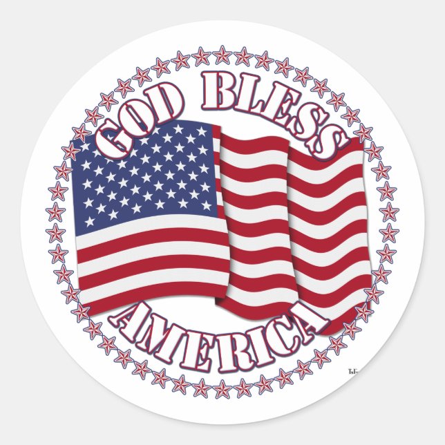 Sticker Rond Dieu Bénisse L'Amérique Avec Le Drapeau Des États- (Devant)