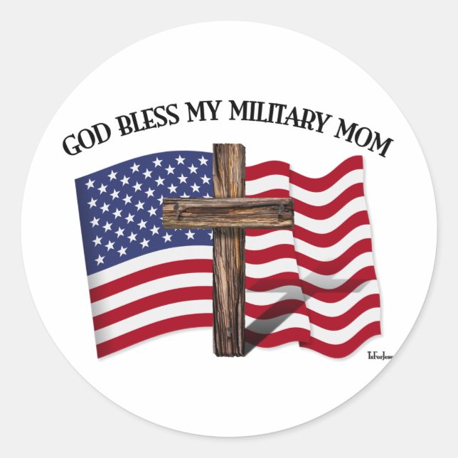Sticker Rond DIEU BÉNISSE MA MOM MILITAIRE croix robuste & drap (Devant)