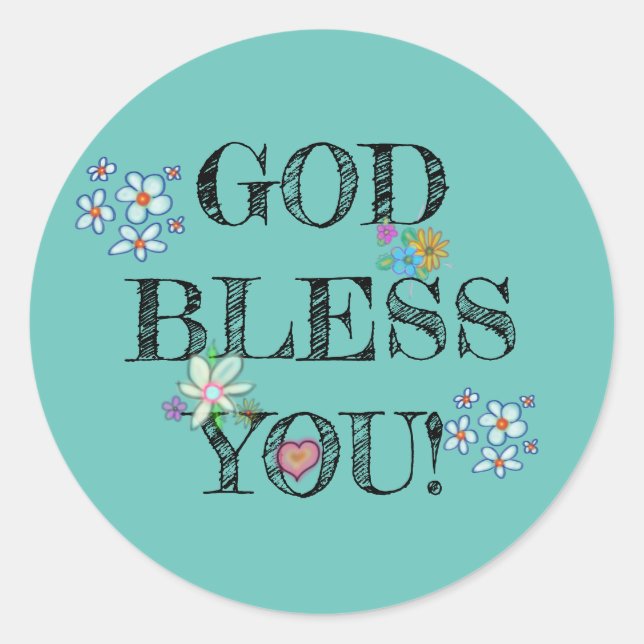 Sticker Rond Dieu vous bénisse Floral Turquoise (Devant)