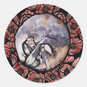 Sticker Rond Dilute Calico Kitty Chat Red Poppy Flower Chats