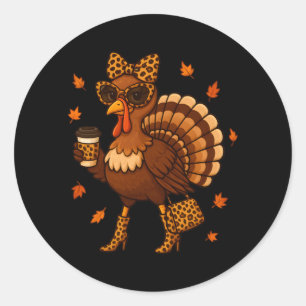 Sticker Rond Dinde à motifs léopard buvant du café Thanksgiving