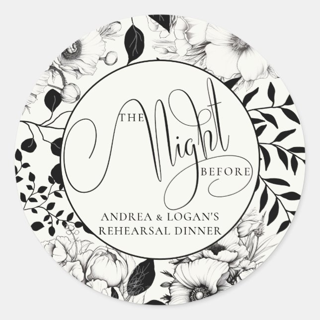 Sticker Rond Dîner de répétition du Mariage Floral noir (Devant)
