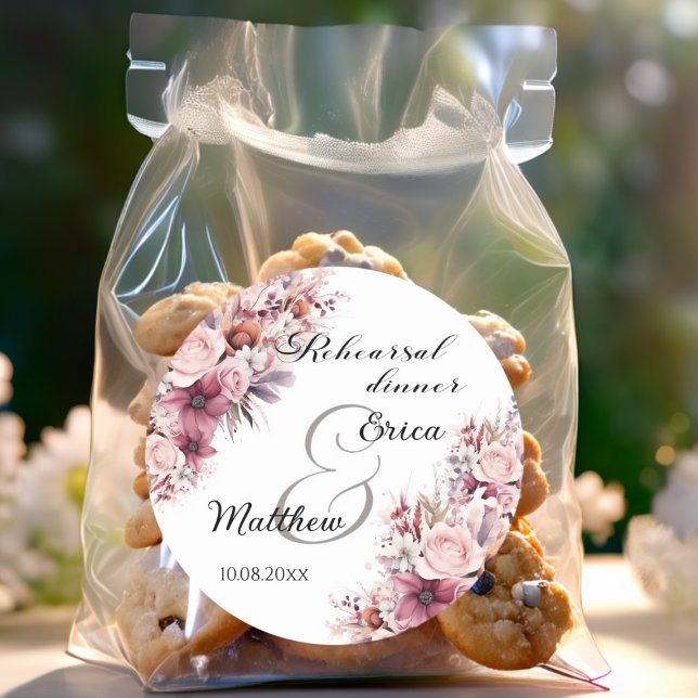 Sticker Rond Dîner de répétition Dusty Boho rose Mariage floral (Créateur téléchargé)