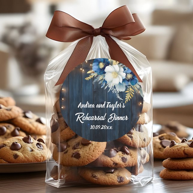 Sticker Rond Dîner de répétition floral blanc en bois bleu rust (Créateur téléchargé)