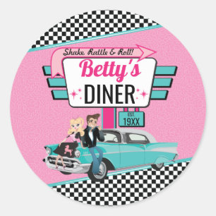 Sticker Rond Diner rétro 1950 rose et sock hop Turquoise