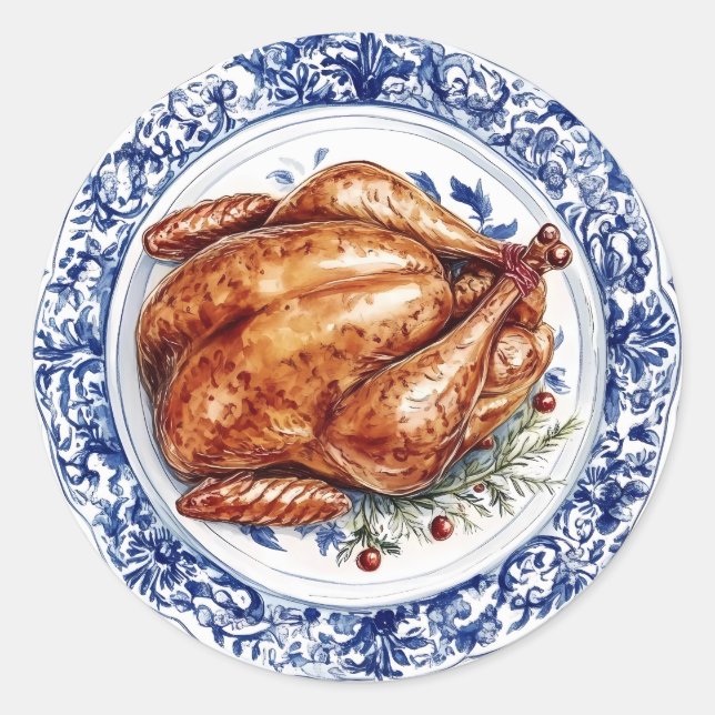 Sticker Rond Dîner turc sur une plaque de Chinoiserie bleue (Devant)