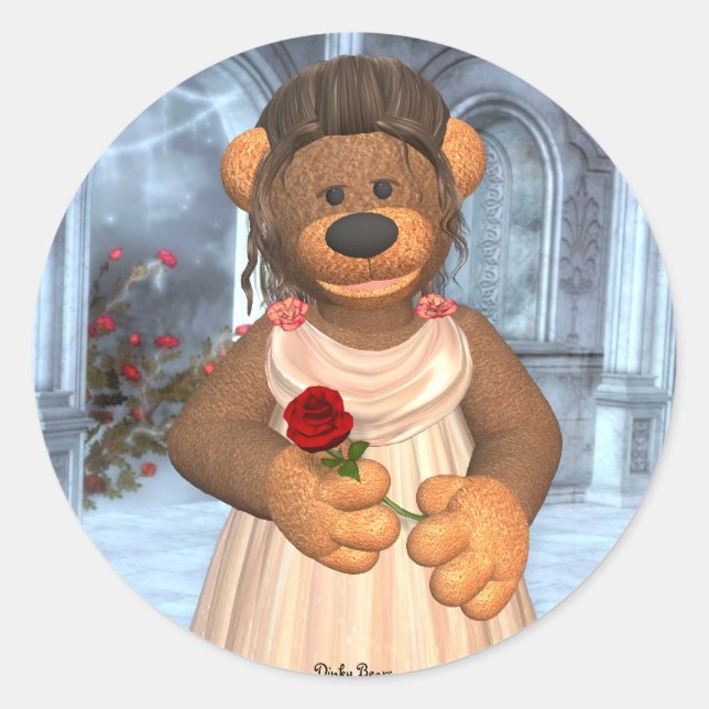 Sticker Rond Dinky Bears Beauté avec Rose (Devant)