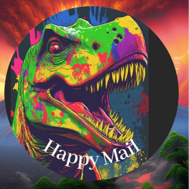 Sticker Rond Dino Happy T-Rex Happy Mail (Bring your dream party to life with our selection of quality Dinosaur themed party supplies )