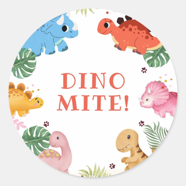 Sticker Rond Dino Party Cute Dinosaur fête d'anniversaire (Devant)