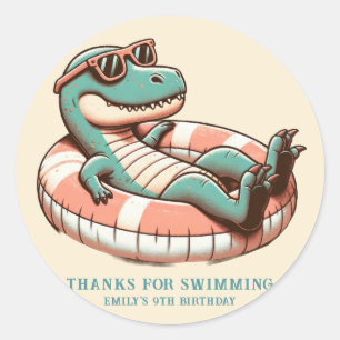 Sticker Rond Dino Pool Party Anniversaire