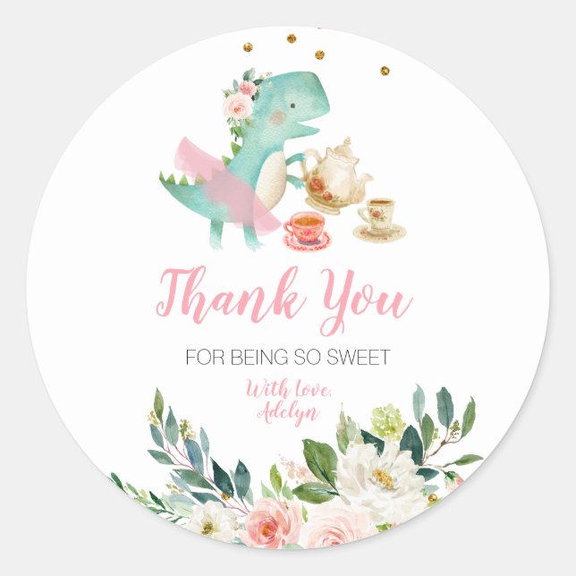 Sticker Rond Dino Tea Party Floral Merci d'être ici (Devant)