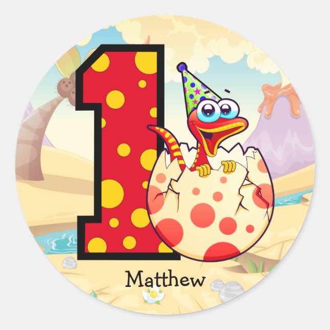 Sticker Rond Dinosaur 1er anniversaire fête personnalisée (Devant)