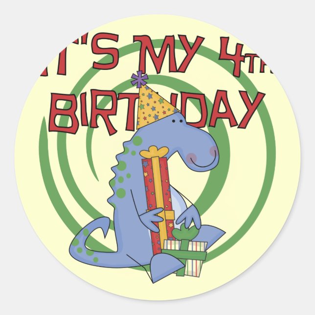 Sticker Rond Dinosaur 4e anniversaire T-shirts et cadeaux (Devant)