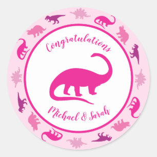 Sticker Rond Dinosaur Baby shower Dino Pink Girl