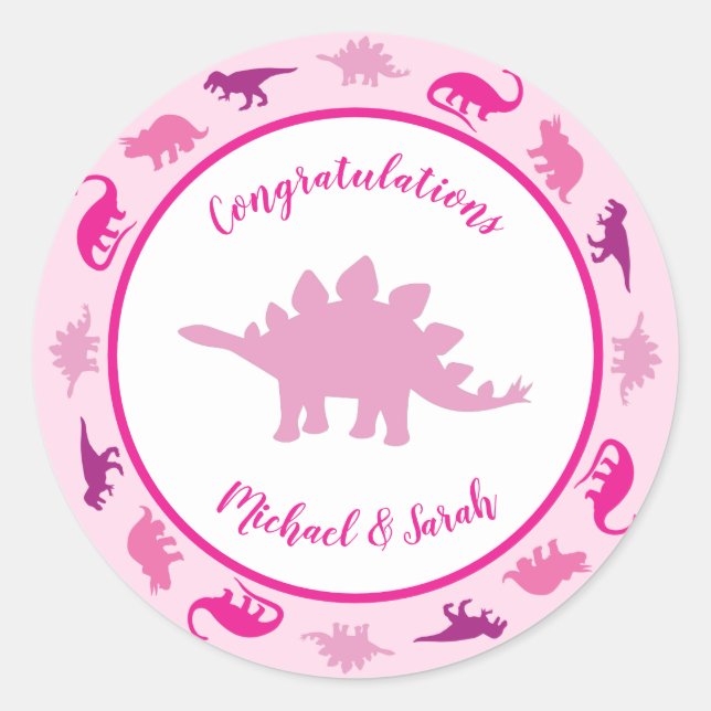Sticker Rond Dinosaur Baby shower Dino Rose Girl (Devant)