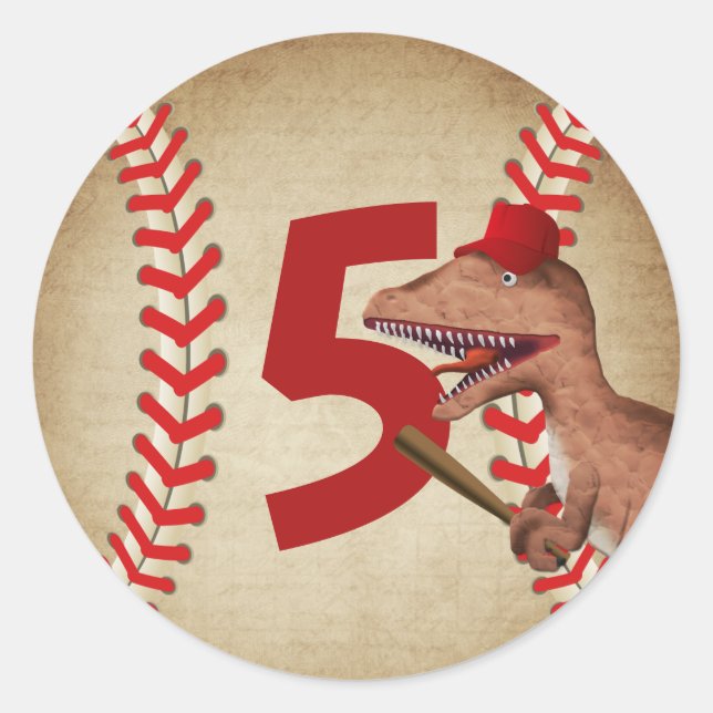 Sticker Rond Dinosaur Baseball Boys 5e fête d'anniversaire (Devant)