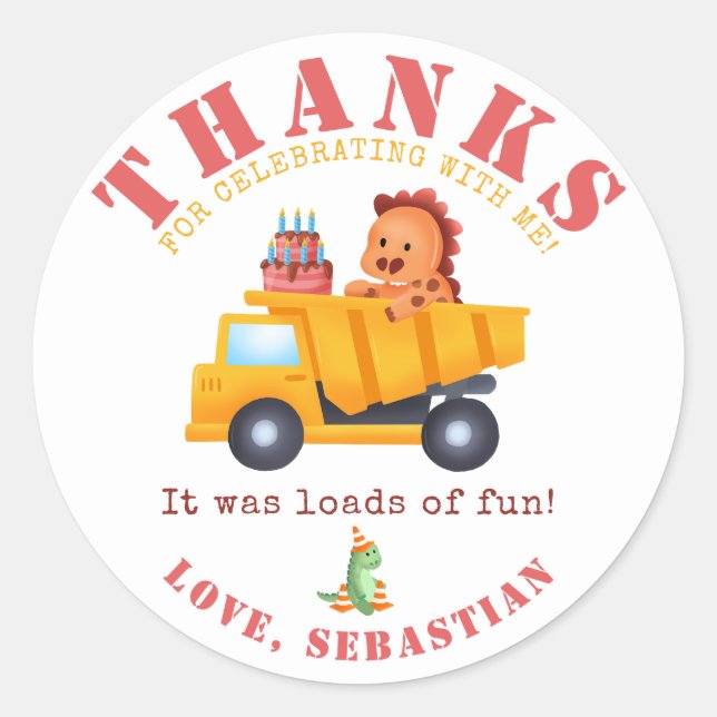 Sticker Rond Dinosaur Construction Crew fête d'anniversaire (Devant)
