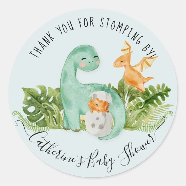 Sticker Rond Dinosaur Cute Aquarelle Baby shower de garçon Foli (Devant)