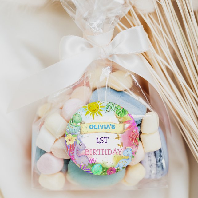 Sticker Rond Dinosaur Floral Parties scintillant bébé fille 1er (Créateur téléchargé)