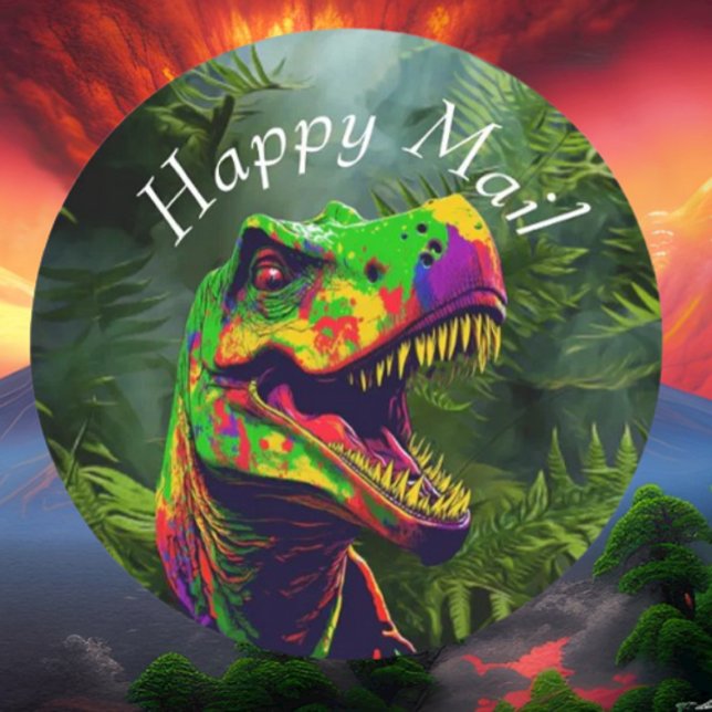 Sticker Rond Dinosaur Jurassic Jungle Happy Mail (Bring your dream party to life with our selection of quality Dinosaur themed party supplies )