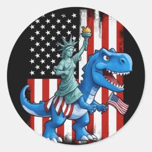 Sticker Rond Dinosaur Statue Liberté 4 juillet Drapeau Américai