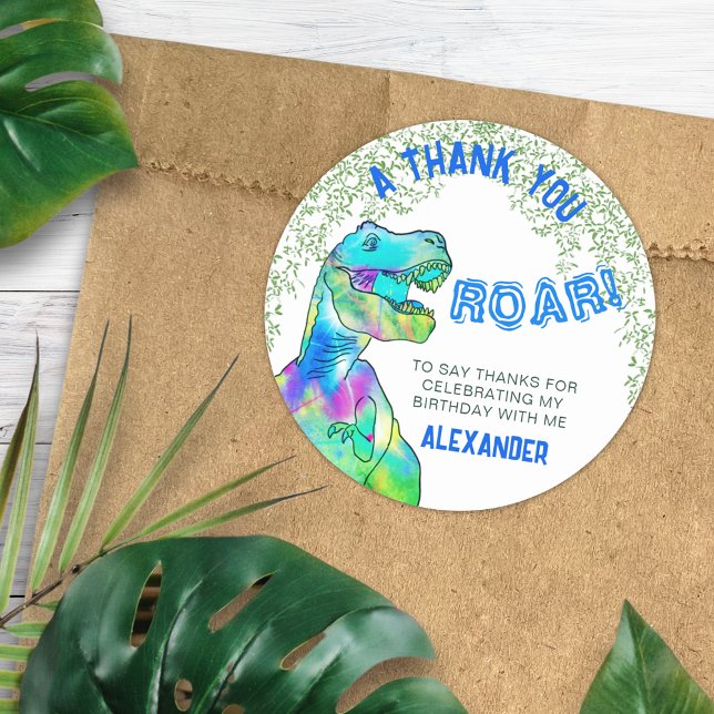 Sticker Rond Dinosaur T-Rex Roar Anniversaire Merci de fête (T-Rex Roar Dinosaur Birthday Party Thank You favor sticker personalized name)
