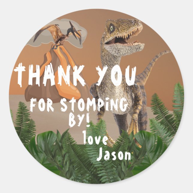 Sticker Rond Dinosaur Thème Anniversaire Merci (Devant)
