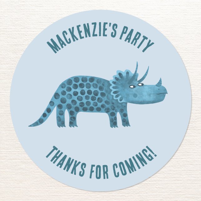Sticker Rond Dinosaur Thème Merci de fête (Party thank you personalized custom name and text triceratops dinosaur sticker)