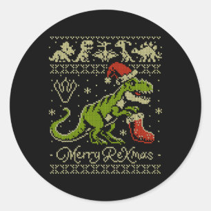 Sticker Rond Dinosaur Ugly Christmas Sweater - Drôle de Noël 