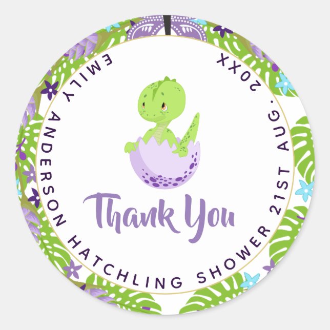 Sticker Rond Dinosaure Baby shower à éclos bleu violet Merci (Devant)