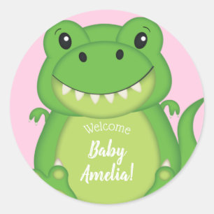 Sticker Rond Dinosaure Baby shower T-Rex Rose Girl