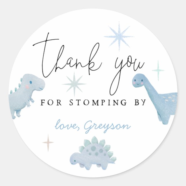 Sticker Rond Dinosaure Bleu Anniversaire Timbre Par Faveur (Devant)