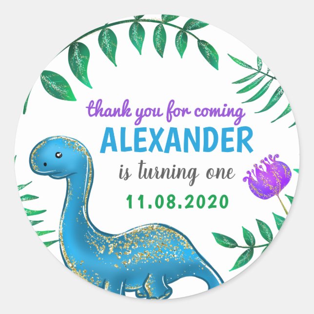 Sticker Rond Dinosaure Bleu Cute fête d'anniversaire | MERCI (Devant)