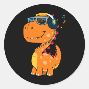 Sticker Rond Dinosaure cool écoute musique