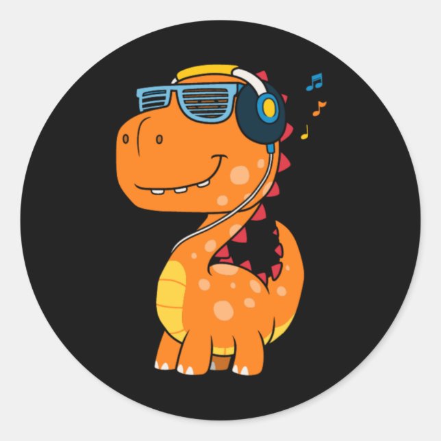 Sticker Rond Dinosaure cool écoute musique (Devant)