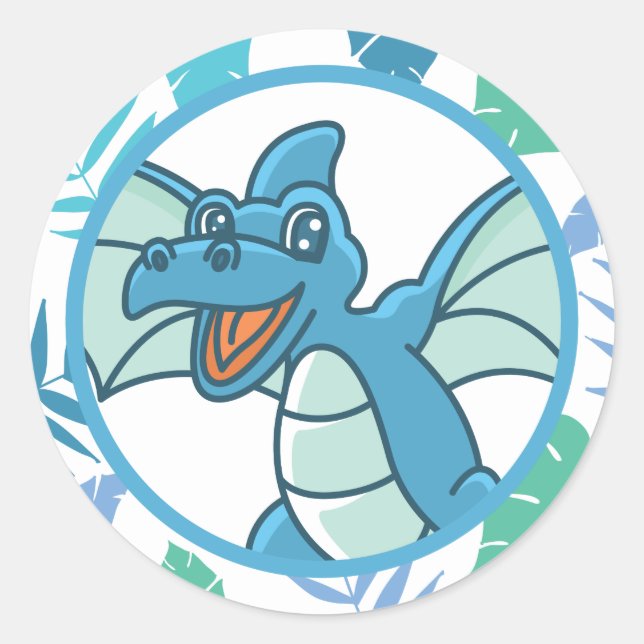 Sticker Rond Dinosaure de dragon bleu et vert (Devant)