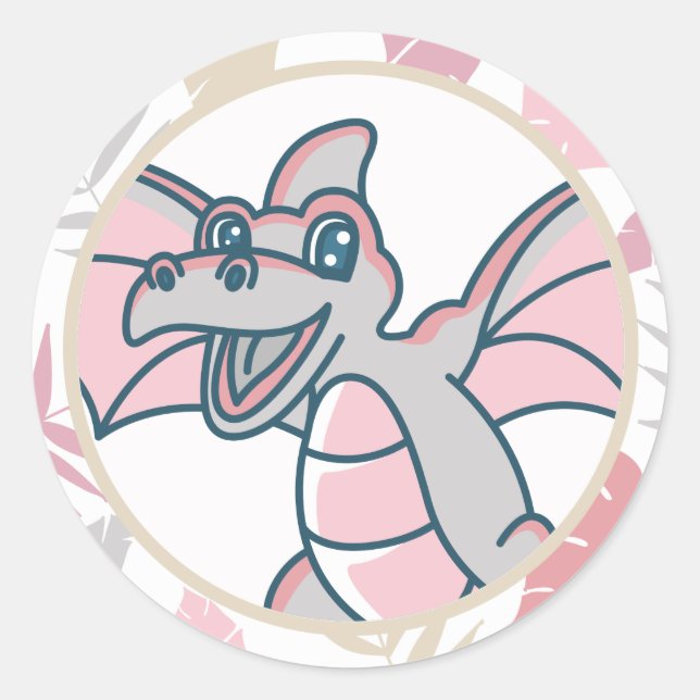 Sticker Rond Dinosaure de dragon rose et gris (Devant)