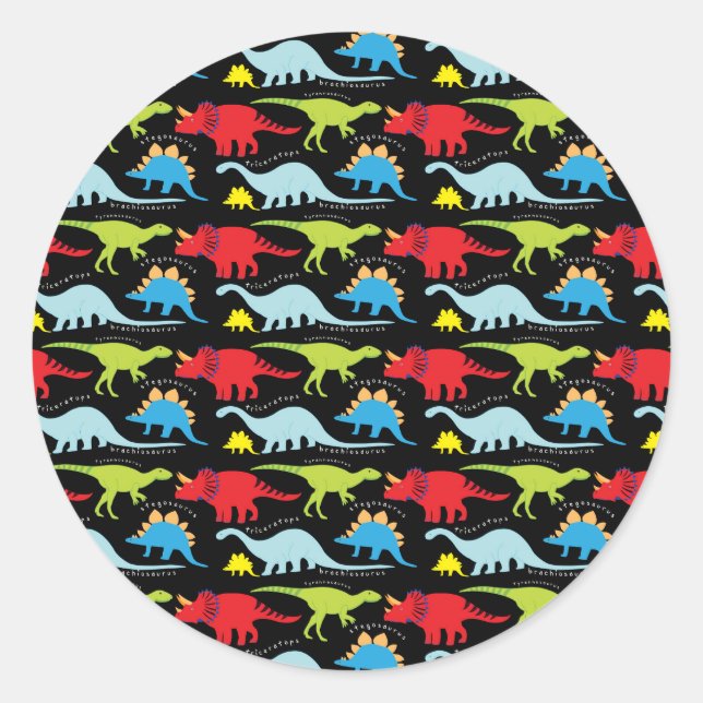Sticker Rond Dinosaure Dessins bleu rouge vert sur noir (Devant)