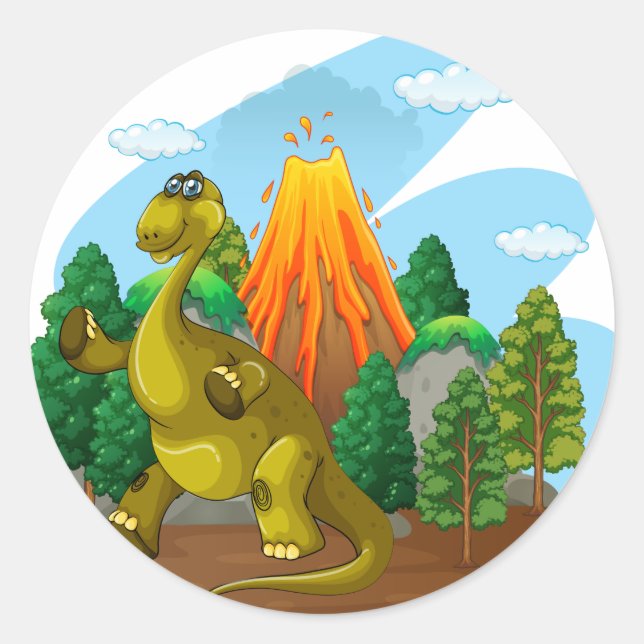 Sticker Rond Dinosaure et éruption volcanique (Devant)