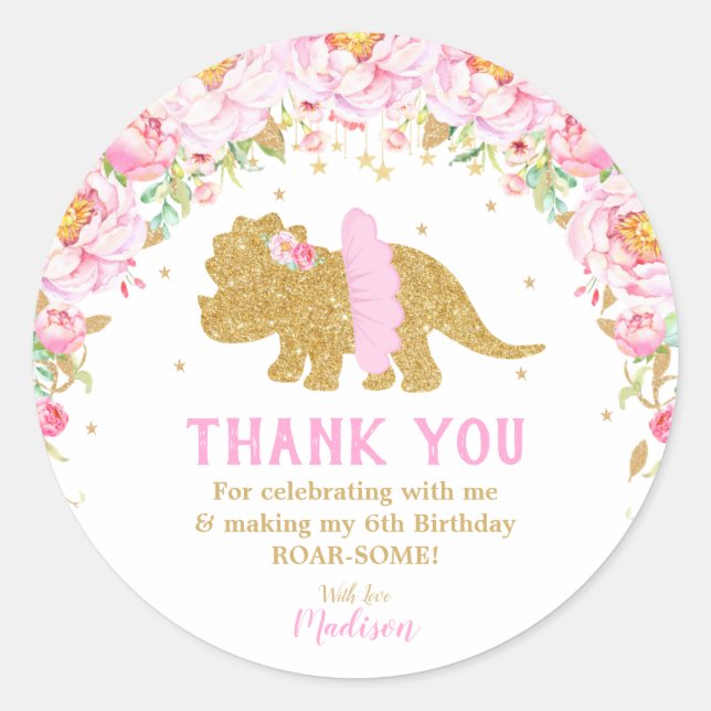 Sticker Rond Dinosaure Floral Merci Favor Tutu Triceratops (Devant)